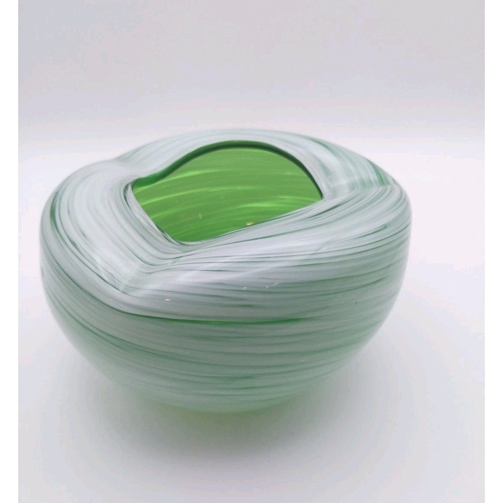 Lefton Green & White Swirl Glass 2.5"x5" Wavy Art Bowl Hand Blown Vtg. MCM Japan